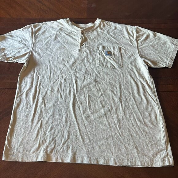 Carhartt Henley T-Shirt XL Cream 100% Cotton Workwear Pocket Made in Mexico - Picture 1 of 3